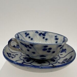 Antique Flow Blue Demitasse Cup & Saucer‎ Hand Painted Asian Porcelain Floral